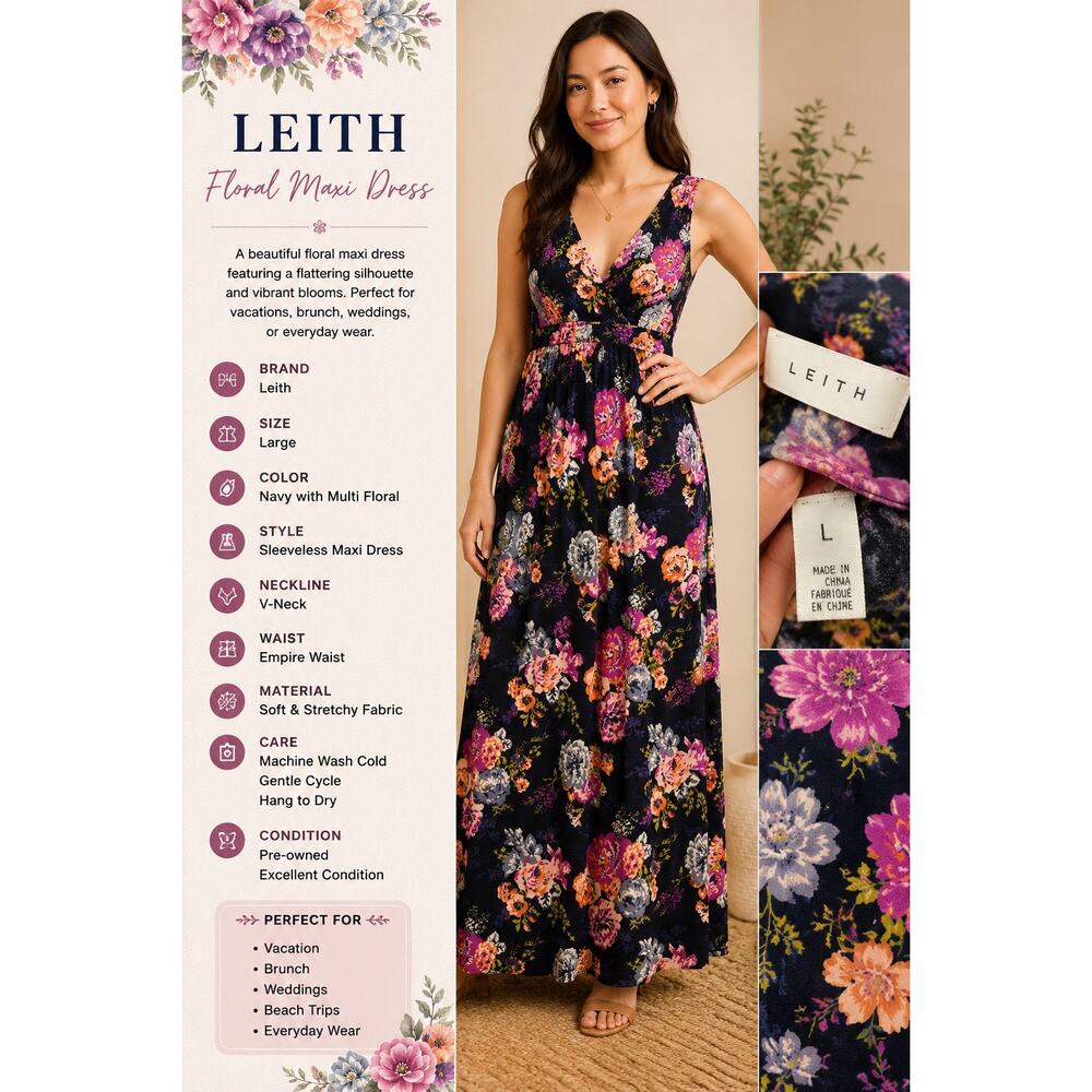 Leith Womens Medium Floral Maxi Dress Sleeveless Navy Pink Boho Stretch